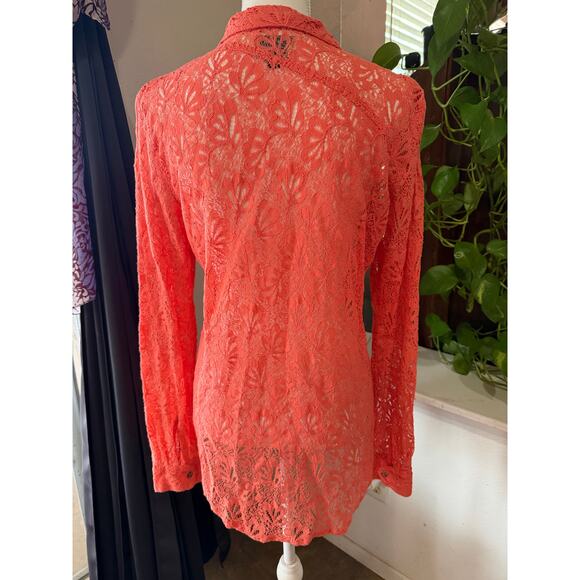 Volcom Oxford coral lace crochet long sleeve button-up Blouse Size L - Picture 5 of 6